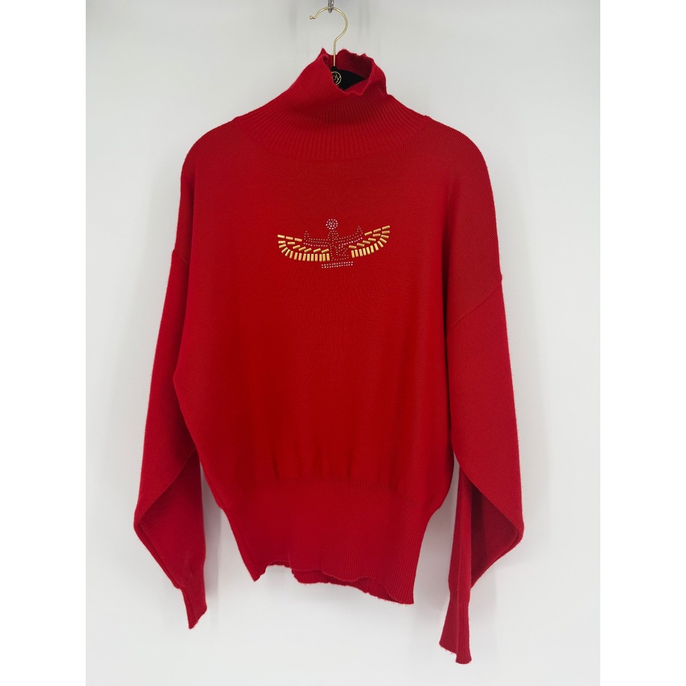 Vintage Meister Red Wool Blend Embellished Turtleneck Sweater Women's Retro